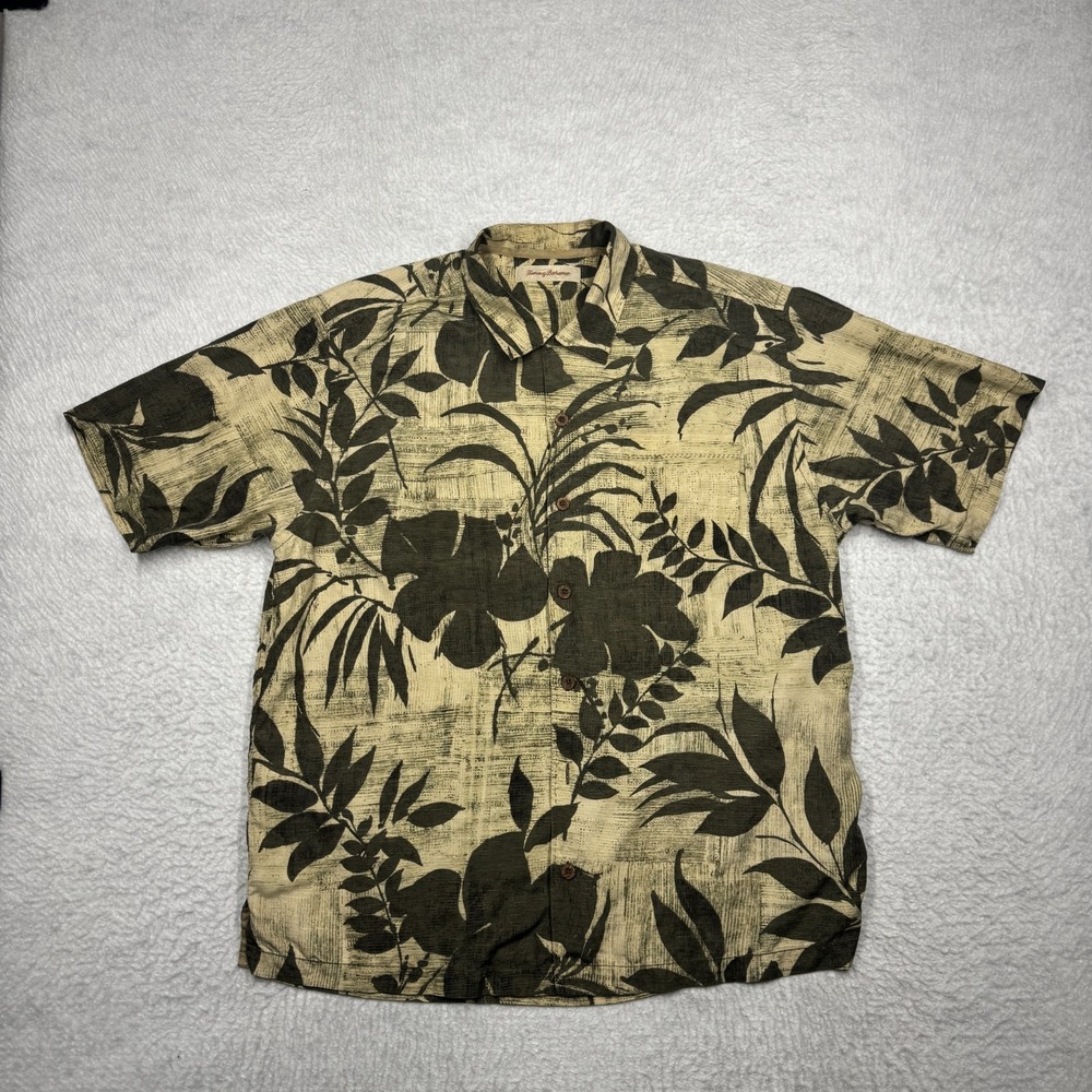 Tommy Bahama 100% Silk Hawaiian Floral Palm Leaf Shirt Cream Green Men's Size L